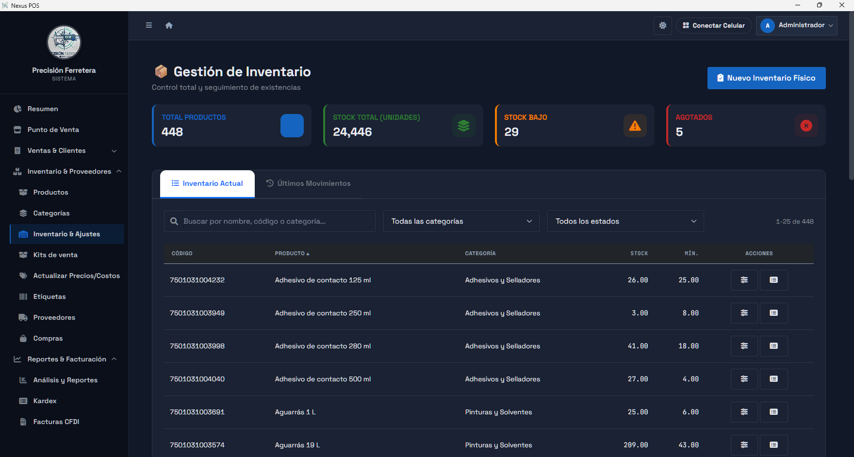 Gestión de inventario de Nexus con listado de productos, existencias y estados de stock