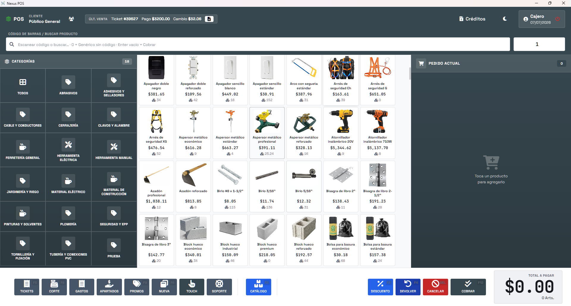 Catálogo de productos de Nexus POS con categorías, fotos y precios