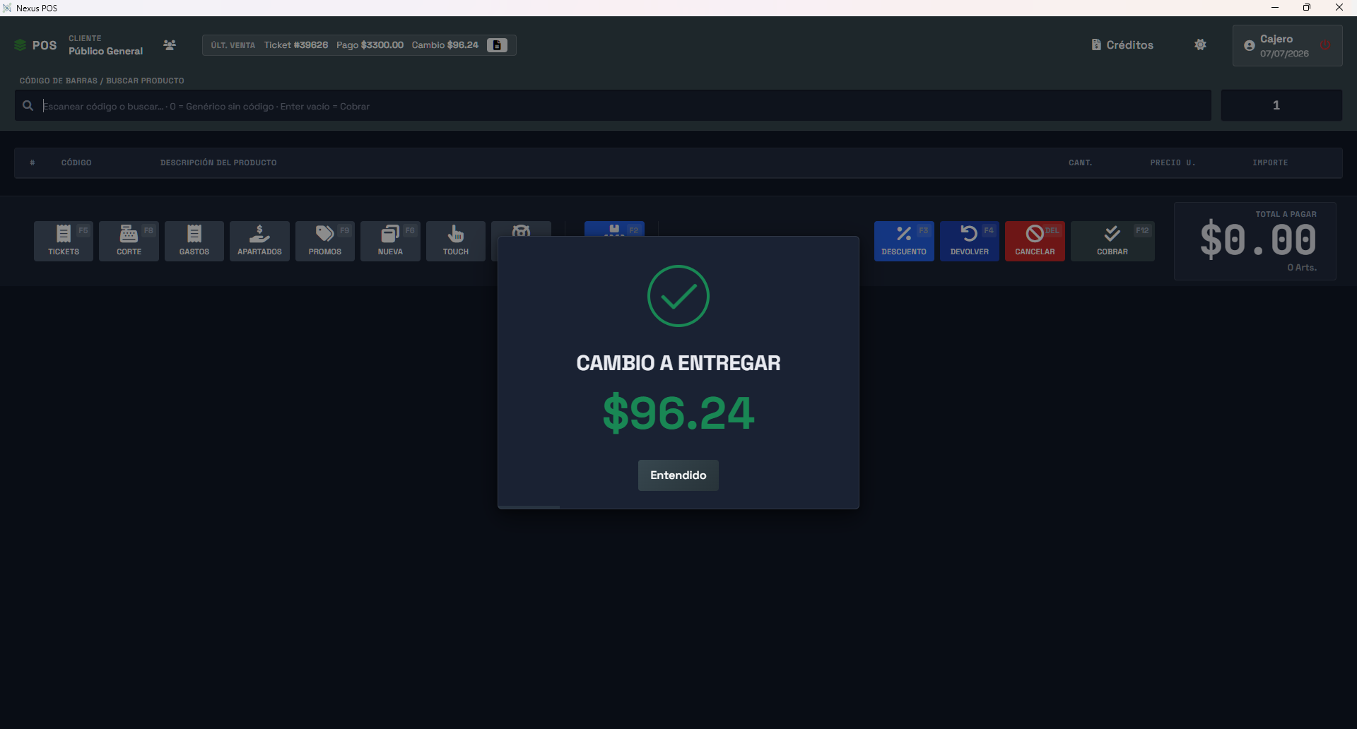 Pantalla de cobro de Nexus POS mostrando el cambio a entregar
