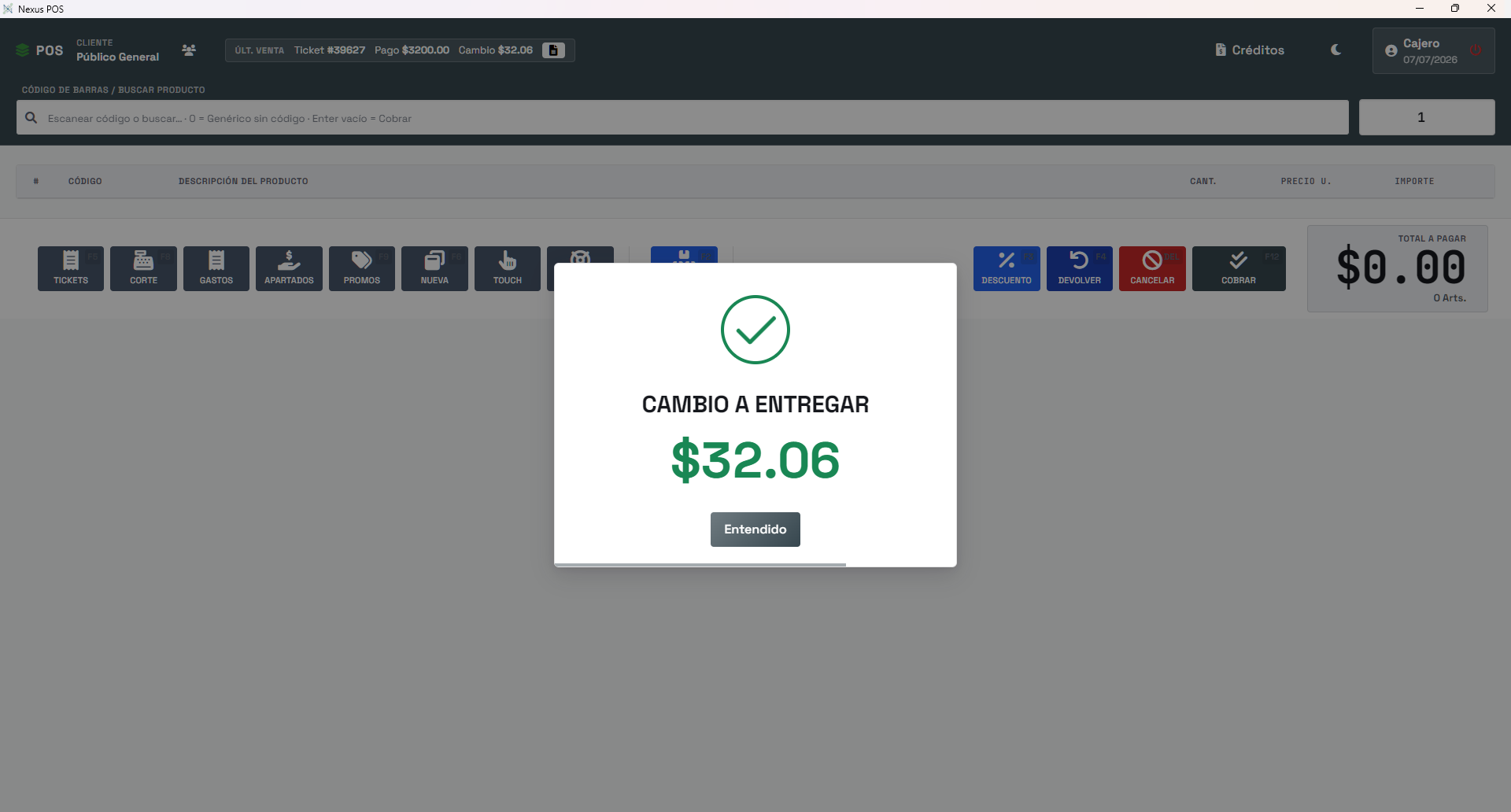 Pantalla de cobro de Nexus POS mostrando el cambio a entregar
