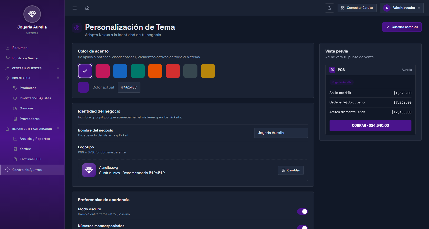 Pantalla de personalización de tema de Nexus con tema morado para una joyería