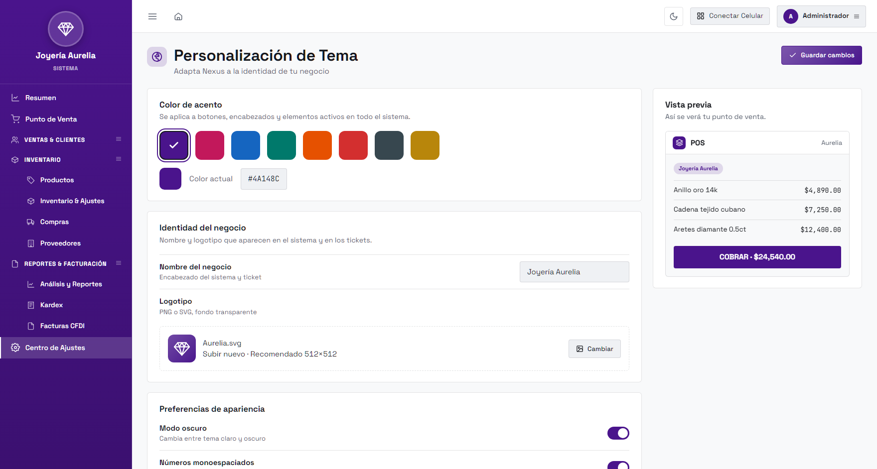 Pantalla de personalización de tema de Nexus con tema morado para una joyería