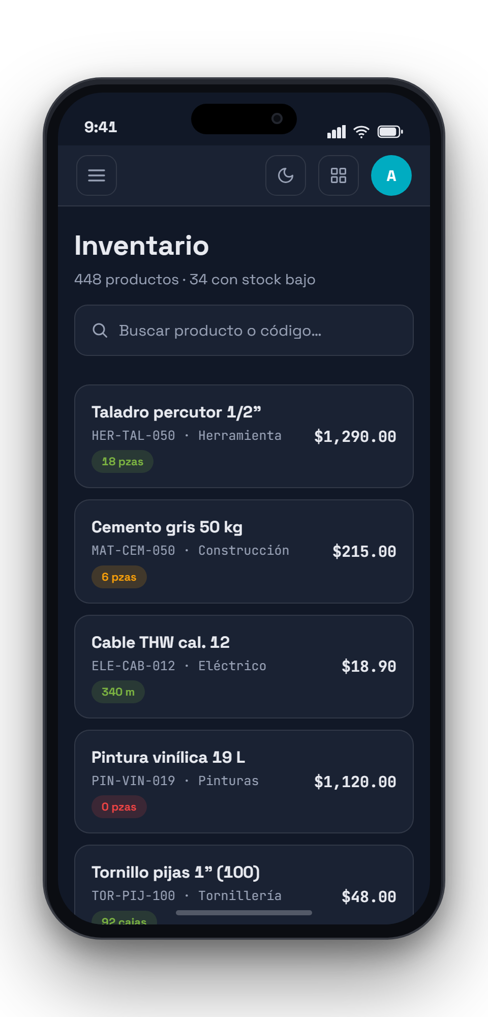 Inventario de Nexus en el celular con existencias y alertas de stock