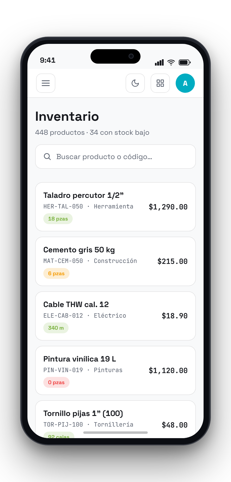 Inventario de Nexus en el celular con existencias y alertas de stock