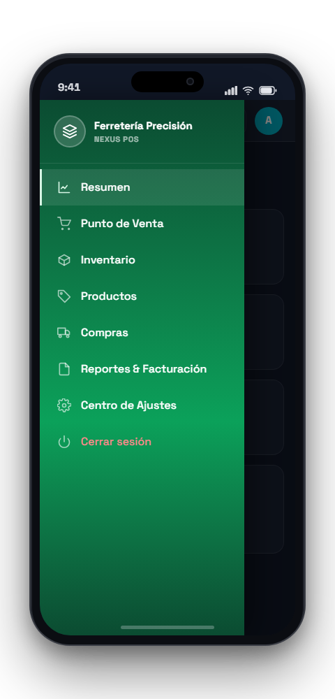 Menú móvil de Nexus con acceso a todos los módulos