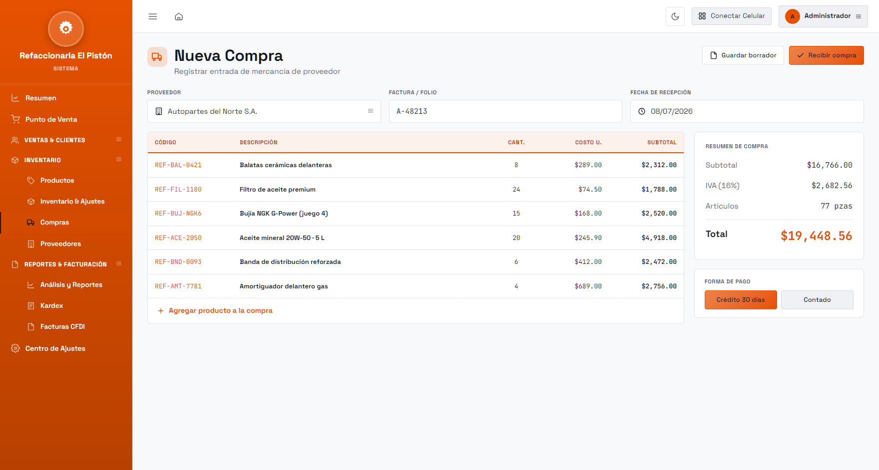 Módulo de compras de Nexus con tema naranja para una refaccionaria